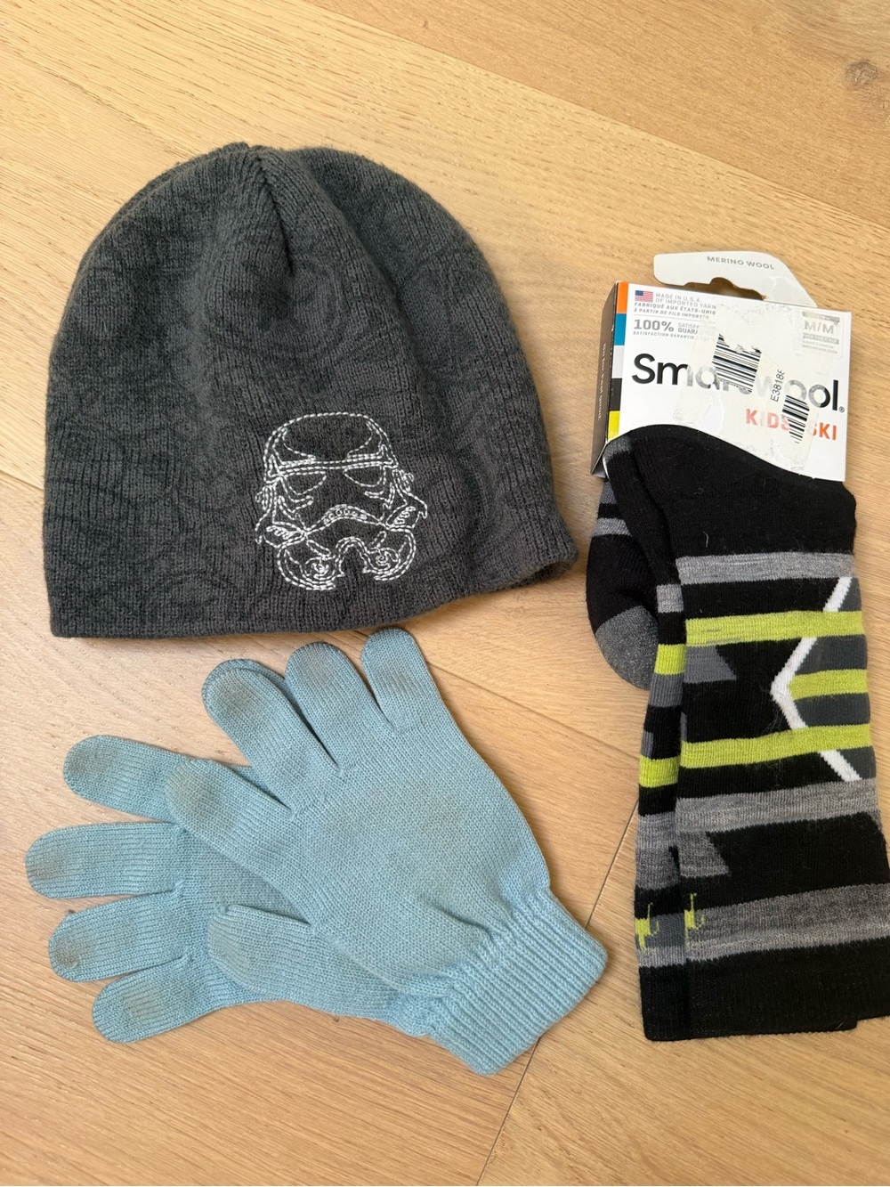 Kids Smartwool Socks with Gray Stormtrooper Beanie & Gloves